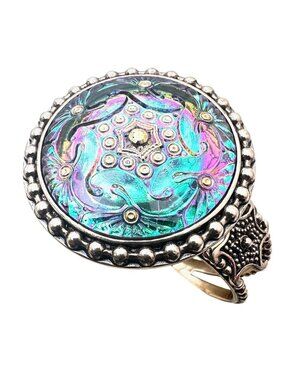 Amy Kahn Russell Opalescent Glass Medallion Cuff Bracelet Bronze 7.5 Inch